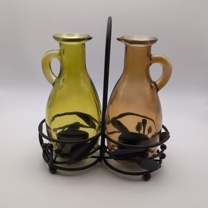 YANKEE CANDLE Tea Light Oil & Vinegar Set Green Amber Glass Wrought Iron Holder